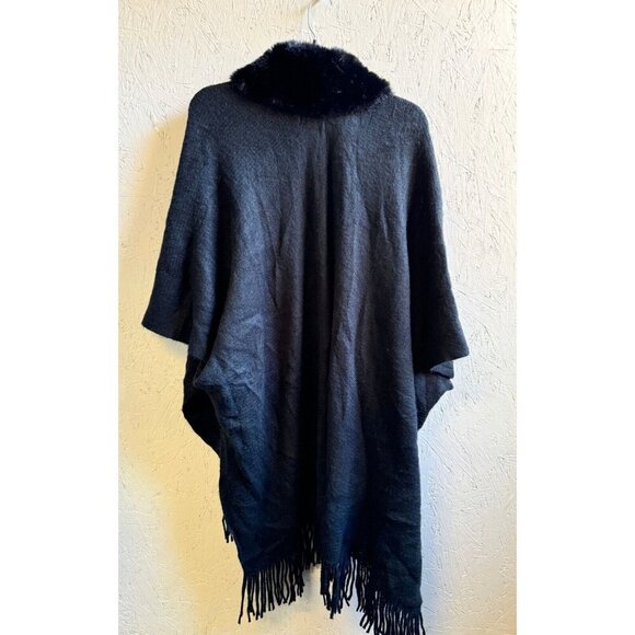 INC Inter. Concepts faux-fur trim fringe open front ruana poncho topper - Black - Picture 7 of 7